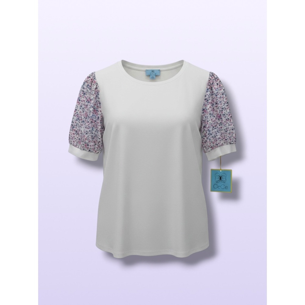 CeCe Vibrant Blooms Floral Puff Sleeve Mixed Media Knit Top Ivory Size M